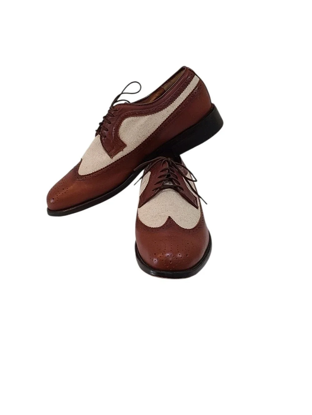 Leather Classics Men's Two-Tone Brown and Cream Wingtip Oxfords Vintage - Picture 16 of 16